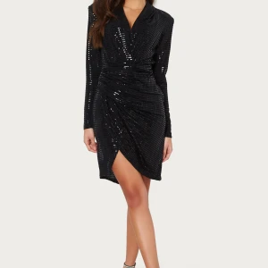 Bubbleroom Svart glittrig klänning XS, Sequin Long Sleeve Rouch Mini Dress - Helt ny och oanvänd! Sequin Long Sleeve Rouch Mini Dress XS.  Paljetterad, läcker klänning från John Zack perfekt till festligheterna. - Vävd, något stretchig kvalitet - Djup halsringning - Drapering framtill med slits - Axelvaddar. Storlek XS. (Modellen bär storlek S och är 173 cm lång.)