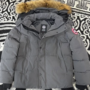 Grå Canada Goose dunjacka XS - Säljer en grå dunjacka från Canada Goose med ikonisk patch på ärmen och fluffig päls runt huvan. Jackan har dragkedja och knappar framtill, två stora fickor och ribbade muddar vid ärmslut. Perfekt för kalla vinterdagar och riktigt snygg streetstil.