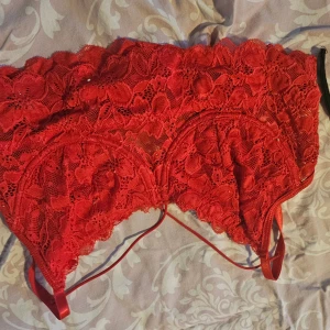 Röd spetsig korsett topp - Säljer en röd korsett topp med blommigt spetsmönster och tunna axelband. Toppen har en snygg och feminin design med genombruten spets och detaljer som ger en romantisk vibe. Perfekt för dig som vill sticka ut med en färgstark och trendig look.