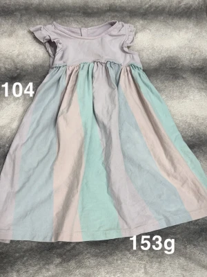 Pastellrandig klänning  - Supersöt klänning med breda pastellfärgade ränder i ljuslila, mintgrön och rosa. Ärmlös modell med små volangdetaljer vid axlarna och rund halsringning. Perfekt för varma dagar och enkel att matcha med sneakers eller sandaler.🌸 Fint använt skick. Storlek 104 