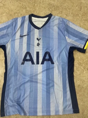 Ingen skor på bilden - Bilderna visar en randig fotbollströja från Tottenham Hotspur i blå toner, men inga skor syns.