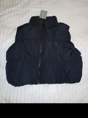 Svart dunväst från H&M med hög krage - Stilren svart dunväst från H&M med hög krage och dragkedja framtill. Västen har en puffig look och är tillverkad i ett glansigt material som ger en modern vibe. Perfekt att slänga över en hoodie eller tröja för extra värme.