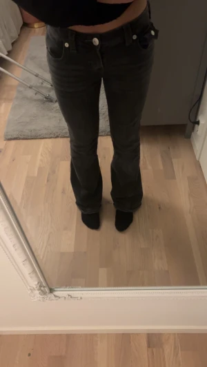 gråa bootcut jeans. True Religion  - ⚠️ dom är uppsydda och passar dig som är ca 165. Säljer ett par gråa bootcut jeans från True Relgion med snygga fickdetaljer bak och silverfärgade knappar. Jeansen har låg midja och är i moedellen Joey. W26🫶🏼🫶🏼 Kan diskutera priset