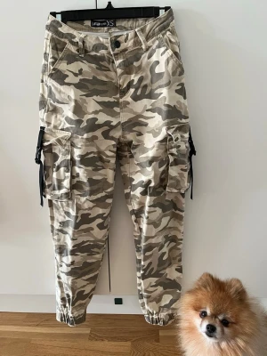 Cargopants camo FB Sister XS - Säljer ett par cargopants i beige och grått camomönster från FB Sister. Byxorna har stora sidofickor med svarta spännen, elastiska benslut och normal passform. Tillverkade i bomullsmix, perfekta för en avslappnad streetstyle. Ej mycket använda. (Hunden ingår ej)