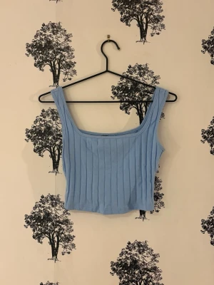 Ljusblå ribbad linnetopp - Säljer en ljusblå ribbad linnetopp med breda axelband och fyrkantig ringning. Toppen är croppad och har en mjuk, stretchig känsla som passar perfekt till jeans eller kjol. Enkel men snygg design som är lätt att matcha.