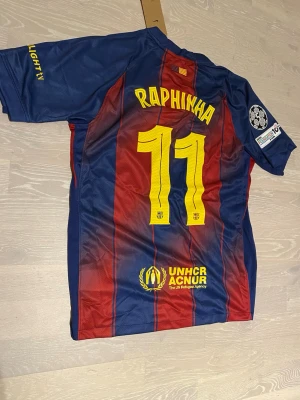 HELT NY FC Barcelona matchtröja Raphinha #11  - •Hej! Säljer en jätte snygg röd blå Barcelona 25/26 fotbolls T-shirt med Raphina på ryggen ⚽️👕 •Den är inte använd bara testad.  •Det är storlek M och den har inga hål eller liknande. •Måtten är på dem sista bilderna 📐.  •Priset kan diskuteras och skickar inom 24 Tim😊💨