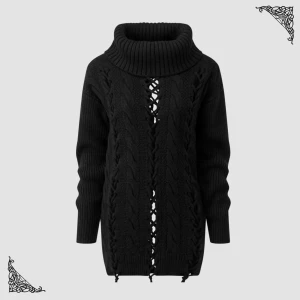 Killstar Tröja 🖤 - Chunky stickad långtröja från Killstar! 🖤🦇Knappt använd, i fint skick! ✨Har äkta korsettsnörning som går att dras åt och stor mysig krage. Storlek XXL, stretchig (passar likaväl L-XL). Byst 108cm | Midja 110cm | Längd 81cm 📏Köp nu 💌