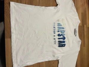 Vit t-shirt från trapstar med tryck - Vit t-shirt från Hipstar med blått och vitt tryck på bröstet i gotisk stil. Klassisk passform med korta ärmar och rund halsringning. Tillverkad i mjuk bomull, perfekt för en avslappnad streetwear-look.