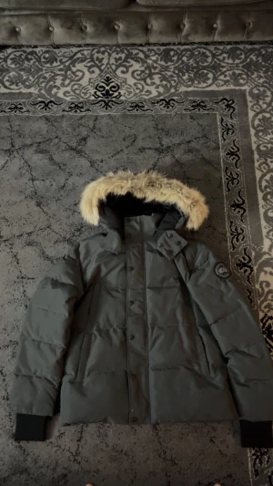 Grå dunjacka Canada Goose M - Säljer en grå dunjacka från Canada Goose med fluffig päls på huvan och snyggt broderat märke på ärmen. Jackan har lång ärm, dragkedja och knappar framtill, samt ribbade muddar vid ärmslut. Perfekt för kalla dagar med sin tjocka och quiltade design.