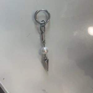 Silvrigt örhänge med pärla och spike - Säljer ett coolt örhänge i silverfärg med en rund vit pärla och en spetsig spike-detalj. Hängande design med chunky ring och kedjelänk. Perfekt för dig som gillar edgy och trendiga accessoarer. Har bara använts 1 gång sen tidigare men är som ny! .