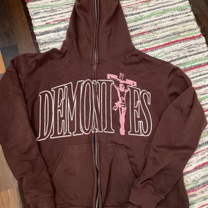 Brun hoodie från Demonites - Okej skick, trycket är något sprucket och dödskallen på dragkedjan är borta. Storleken är XL men passar som large