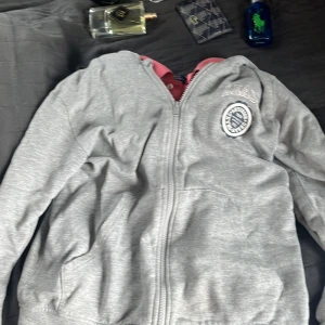 Grå huvtröja med dragkedja - Säljer en grå huvtröja med dragkedja och tryckt emblem på bröstet. Tröjan har en huva med rosa foder och två fickor framtill. Perfekt för en avslappnad stil.