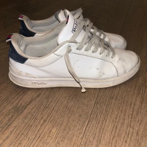 Vita sneakers från Polo Ralph Lauren - Snygga vita sneakers från Polo Ralph Lauren med mörkblå detalj vid hälen och klassisk logga på sidan. Skorna har snörning och en platt sula. Perfekta för en stilren och sportig look. Köpta för 1100 välanvända sedan dess. Saknar låda.