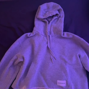 Grå hoodie från Calvin Klein Jeans - Säljer en grå hoodie från Calvin Klein Jeans med klassisk huva och snörning. Tröjan har en magficka och en snygg logotyp-patch framtill. Mjuk insida och relaxed fit, perfekt för chill dagar. Passar dig som gillar stilrena och bekväma plagg.