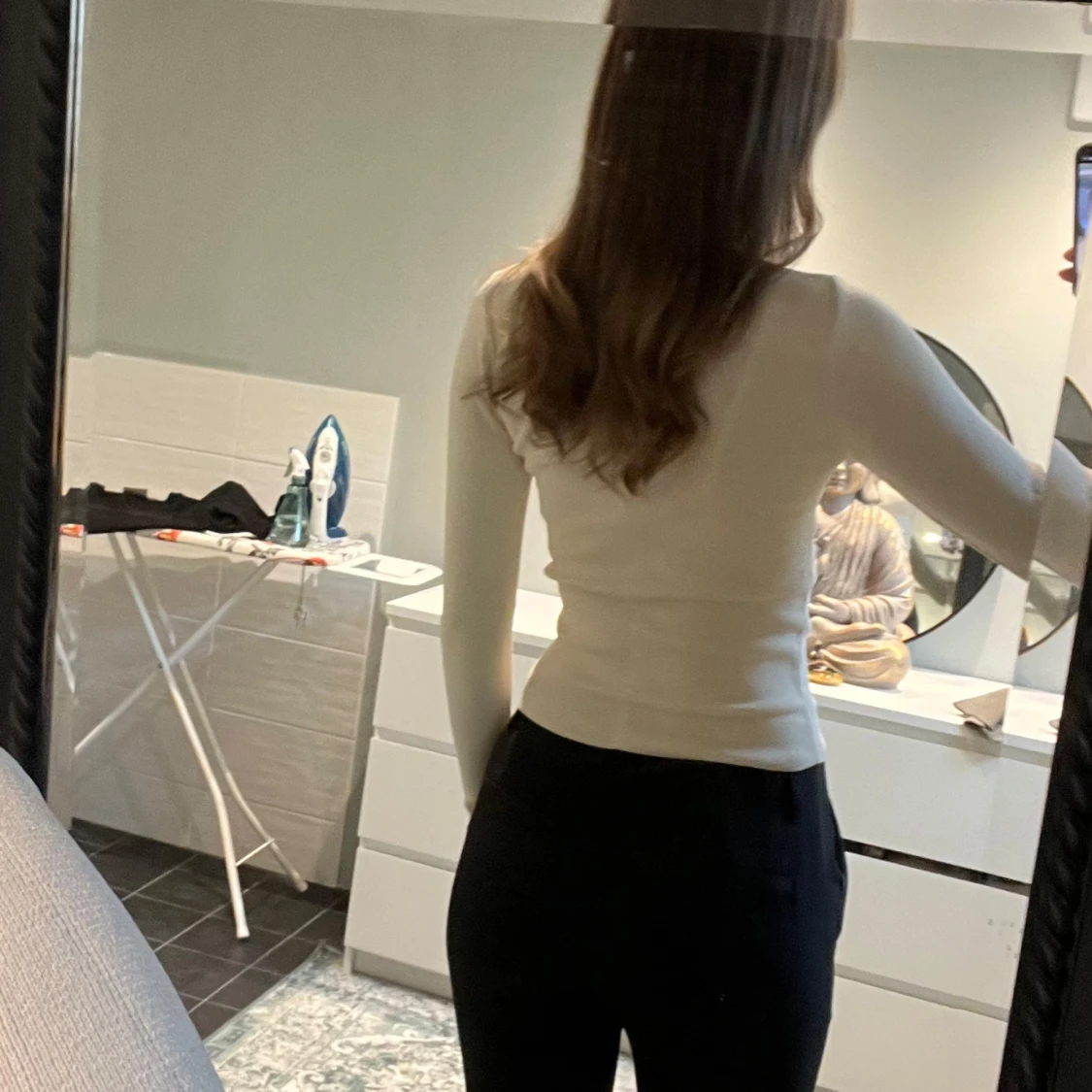 Beige ribbad långärmad topp - 1