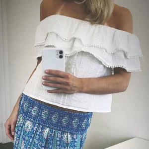 Vit offshoulder volangtopp - Superfin vit offshoulder topp med volangdetaljer och små spetskanter. Toppen är croppad och har en luftig känsla, perfekt för varma dagar. Materialet är lätt och känns som bomull. Snygg att styla med både kjol och jeans.