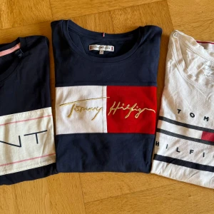 T-shirt bundle tjej, stl 164, GANT, Tommy Hilfiger - Märkes t-shirts, diverse märken i fint skick säljes. Alla ungefär i samma storlek även om de varierar på lapparna. Är ca 164 cl då GANT är lite liten i stl.  Denna innehåller två Tommy Hilfiger och en GANT t-shirt varav de mörka tröjorna är helt oanvända.