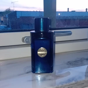 Blå parfymflaska från Tom Ford - Säljer en elegant parfym från Tom Ford i en djupblå, fyrkantig flaska med guldmärke på framsidan. Flaskan har en stilren design och passar perfekt för dig som gillar lyxiga dofter.