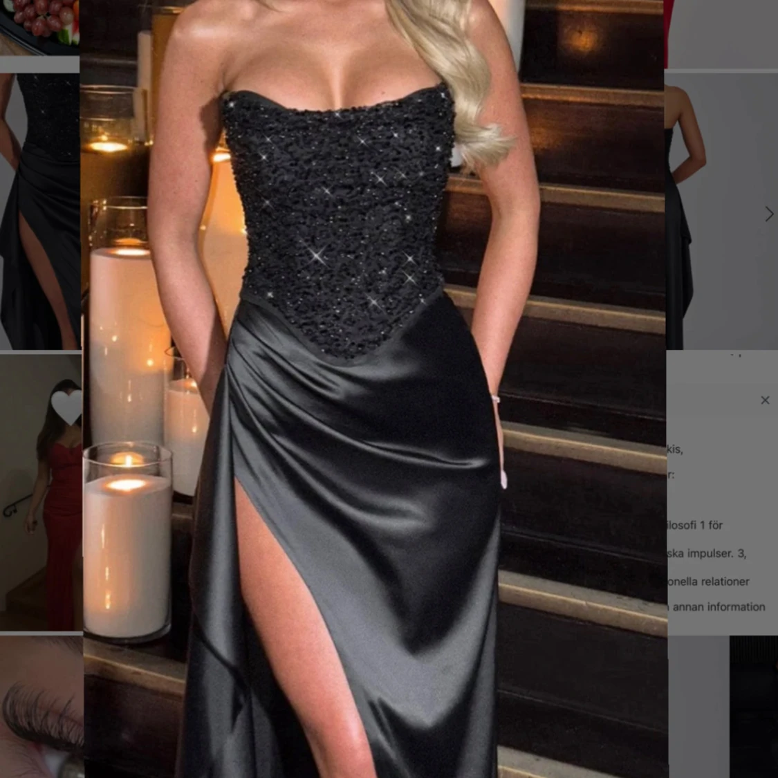 Svart långklänning med glittrig överdel och slits - 1