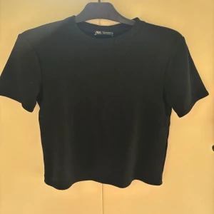Svart kortärmad tröja från Zara - Säljer en stilren svart kortärmad tröja från Zara. Perfekt för en minimalistisk look. Tröjan har en rund halsringning och är tillverkad i ett mjukt material.