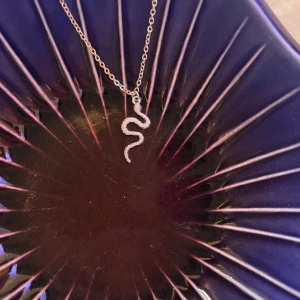 Silverhalsband med ormberlock - Snyggt halsband i silverfärg med en glittrig ormformad berlock. Kedjan är tunn och elegant, perfekt för att ge din outfit en cool edge. Ormen är täckt av små stenar som ger extra bling och detalj. Perfekt accessoar för dig som gillar unika smycken. Helt ny aldrig använd 