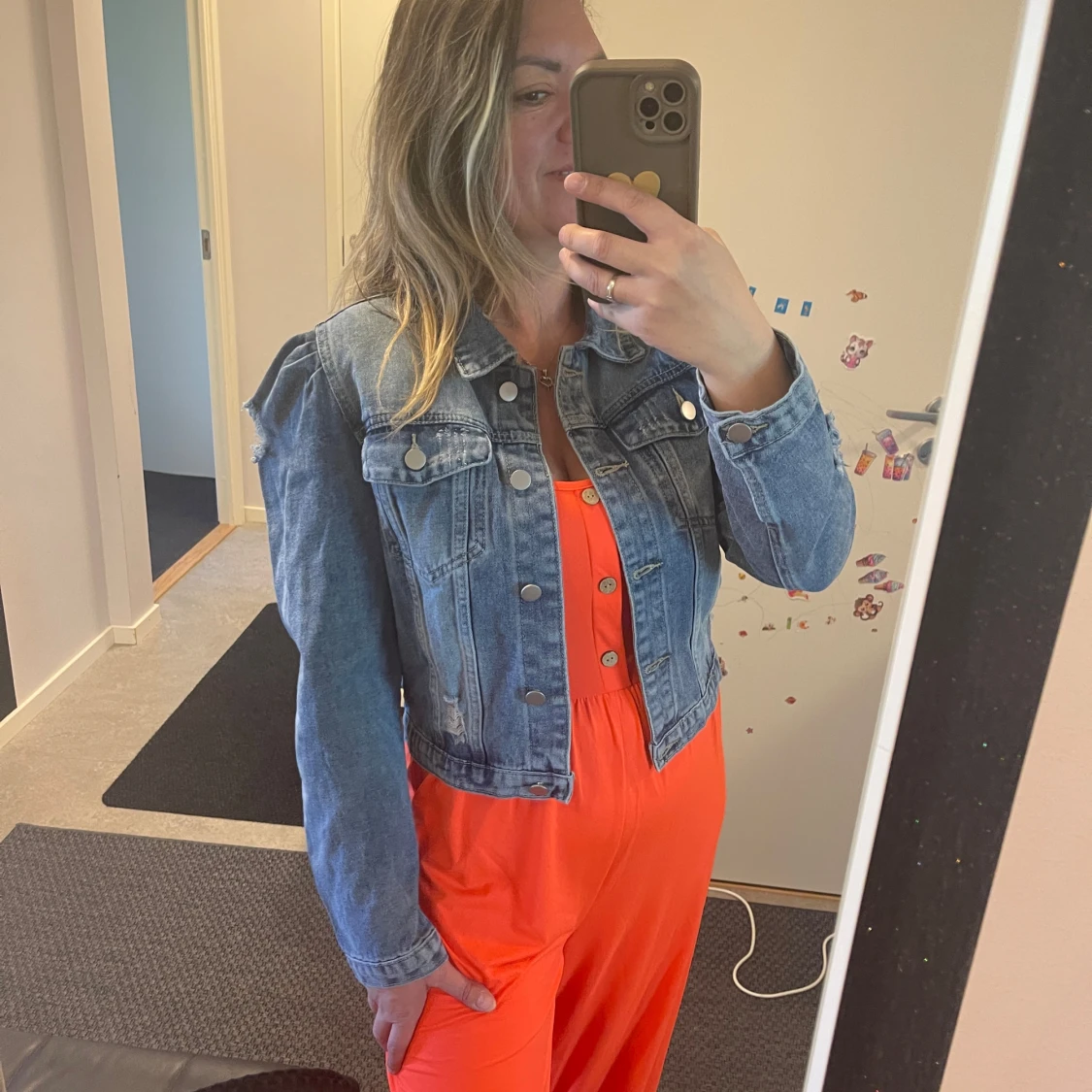 Croppad jeansjacka med puffärm - 2