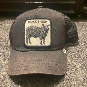 Svart truckerkeps Black Sheep - Svart truckerkeps från Goorin Bros. Smutsig och använd.  med broderad patch framtill med texten 'BLACK SHEEP' och en svart får-illustration. Kepsen har böjd skärm, mesh baktill och justerbar snapback. Perfekt för dig som vill sticka ut med en cool accessoar.