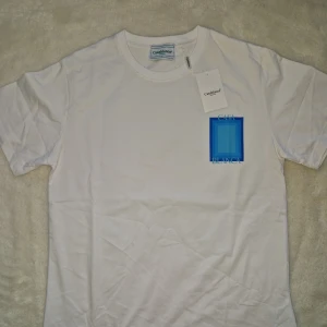 Vit t-shirt från Casablanca - Säljer en stilren vit t-shirt från Casablanca med ett blått grafiskt tryck på bröstet och ryggen. Perfekt för en avslappnad look. T-shirten har korta ärmar och är gjord i mjuk bomull. Passar perfekt till jeans eller shorts! Den passar M och L