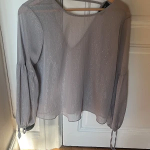 Glittrig grå blus från Sisters Point - Supersnygg glittrig grå blus från Sisters Point med v-ringning och transparent material. Långa puffiga ärmar med knyt vid ärmslut ger en trendig look. Perfekt för dig som vill sticka ut lite extra med en stilren men ändå festlig topp.