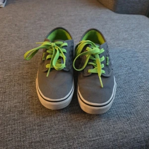 Grå sneakers från Vans med gröna detaljer - Säljer ett par grå Vans sneakers med gröna snören och innersula. Skorna har ett diskret rutigt mönster på sidorna och en klassisk vit sula. Perfekta för en avslappnad stil. Stl 36.5