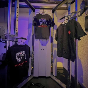 Svart t-shirt med tryck från Bulking Bear - Snygg svart t-shirt från Bulking Bear. Perfekt för gymmet eller en avslappnad dag. T-shirten har en normal passform. Ett måste för alla som älskar att träna och vill se bra ut samtidigt!