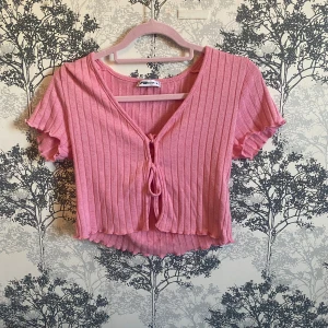 Rosa ribbad topp från B Sister - Säljer en söt rosa ribbad topp från FB Sister. Toppen har korta ärmar och en knytning framtill som ger en fin detalj. Perfekt för varmare dagar med sin croppade design och mjuka material. Använd fåtal gånger.