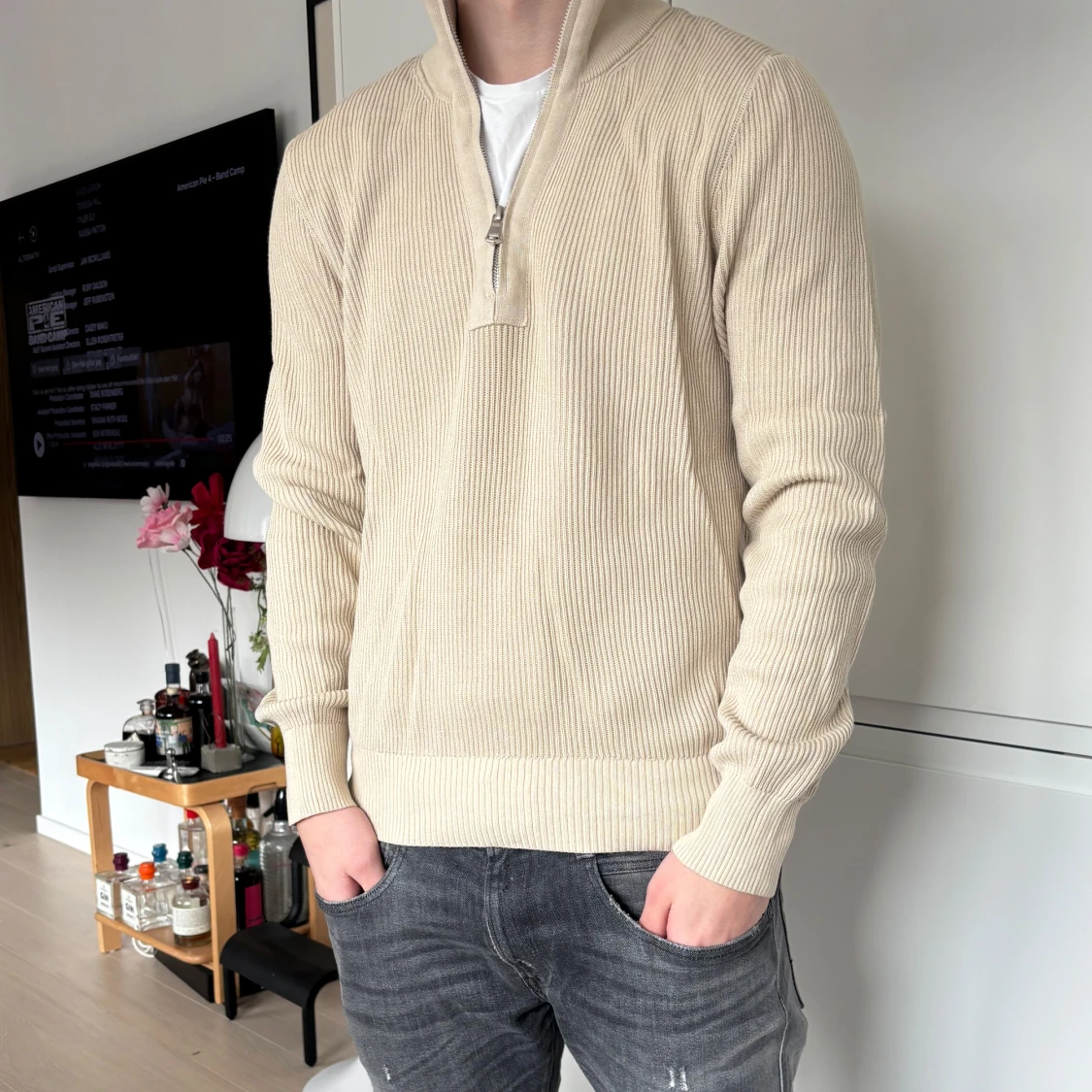 Beige ribbad tröja med dragkedja - 1