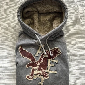 Grå hoodie från American Eagle - Säljer en grå hoodie från American Eagle hudin är i bra skick. Har inga effekter har fodrad luva. storlek. M sitter som den ska vara i storleken.