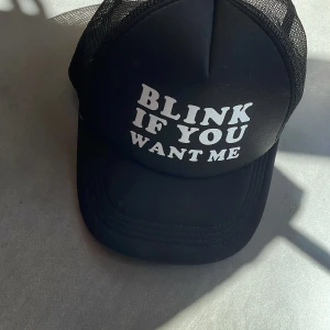 Svart truckerkeps med text - Säljer en svart truckerkeps med vit text framtill där det står 'BLINK IF YOU WANT ME'. Kepsen har böjd skärm och mesh-bakstycke för extra ventilation. Justerbar storlek baktill med plastspänne. Perfekt för en chill och cool stil.