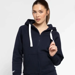 Mörkblå hoodie med dragkedja - Mörkblå hoodie med vit snörning och dragkedja framtill. Tröjan har huva, långa ärmar och praktiska fickor. Perfekt för en avslappnad stil och enkel att matcha med jeans eller leggings.Egen frakt plus inga returer.dragskon har ramlat av 