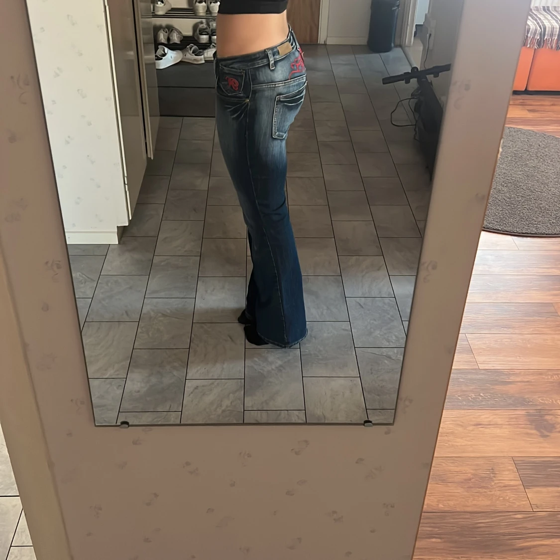 Blå lågmidjade bootcut jeans - 1