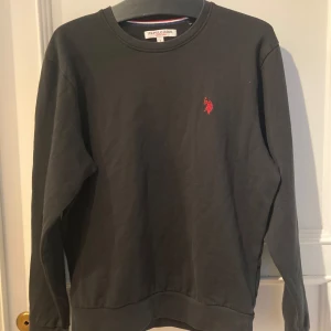 Svart sweatshirt från U.S. Polo Assn. - Säljer en svart sweatshirt från U.S. Polo Assn. med rund halsringning och broderad röd logga på bröstet. Tröjan har långa ärmar och är tillverkad i mjuk bomull, perfekt för en avslappnad stil.