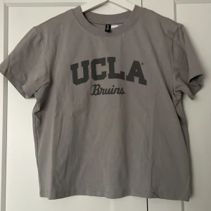 Grå T-shirt med UCLA-tryck från H&M - Säljer en grå T-shirt från H&M med ett stort UCLA Bruins-tryck på framsidan. T-shirten har en normal passform och är kortärmad, perfekt för en avslappnad stil.