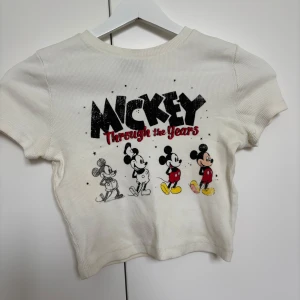Vit ribbad t-shirt med Mickey Mouse från Pull&Bear - Säljer en vit ribbad crop top från pull&bear i storlek S med Musse pigg tryck på framsidan. Säljer då den inte passar min stil längre.