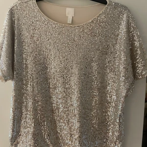 Glittrig silver/guld topp från H&M - Säljer en glittrig silver/guldig topp från H&M med korta ärmar. Toppen är täckt av paljetter och har en rund halsringning. 