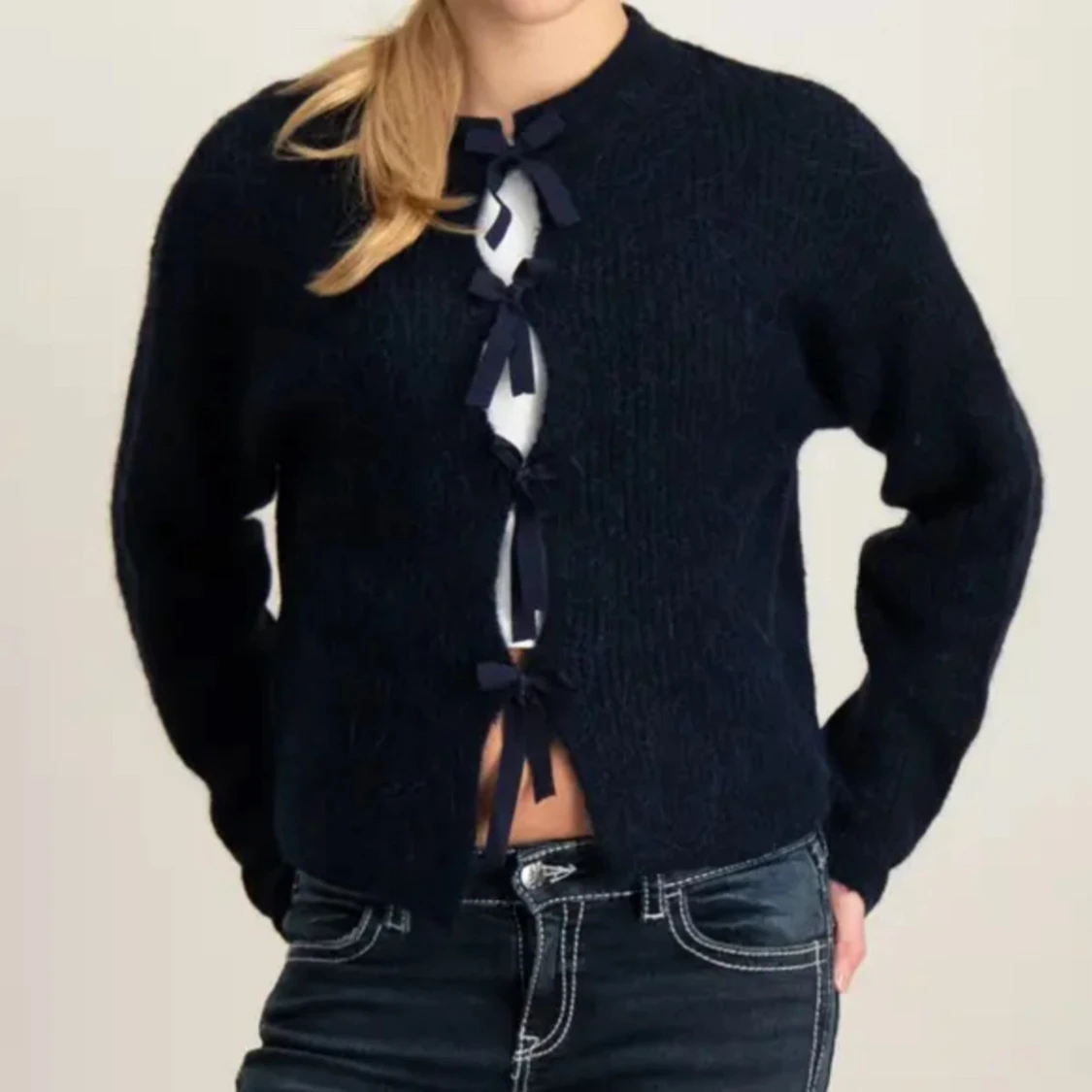 Mörkblå kofta med knyt framtill - 1