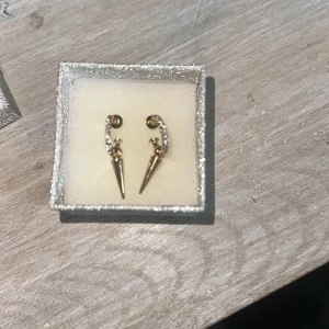Guldiga örhängen med spetsig hängande detalj - Säljer ett par guldiga örhängen med rund form och en spetsig hängande detalj har också kristaller på självaste örhänget