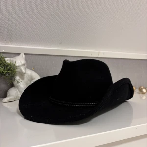 Svart cowboyhatt i ull från Conner - Snygg svart cowboyhatt från Conner i 100% ull. Hatten har klassisk form med böjda brätten och ett flätat band runt kronan med små metalldetaljer. Perfekt för dig som vill sticka ut med westernstil. Helt ny aldrig använd