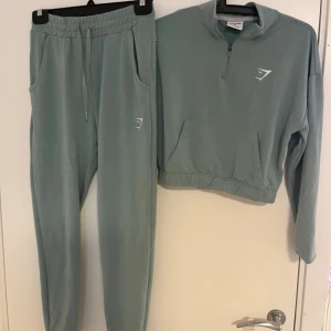 Gymshark set ljusgrön half zip hoodie XS och mjukisbyxor XS - Snygg ljusgrön hoodie från Gymshark i storlek XS. Tröjan har half zip, lång ärm, känguruficka och broderad logga på bröstet. Mjukisbyxor med samma logga. Perfekt för träning eller chill, i mjuk bomullsblandning. Enkel och stilren design med relaxed fit.