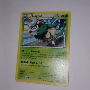 Pokémonkort: Gogoat och Pinsir - Två Pokémonkort säljes: Gogoat (gul ram, HP 120, grön bakgrund) och Pinsir (gul ram, HP 90, holografisk effekt). Båda korten har illustrationer av respektive Pokémon och text på engelska. Baksidan har klassisk blå Pokémon-design med Pokéboll. Små skråmor på båda korten men inget man märker 