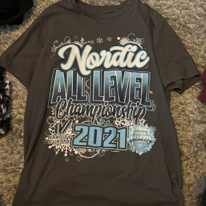 Grå t-shirt Nordic All Level Championship 2021 cheerleading  - Grå cheerleading t-shirt med stor tryckt text i blått och vitt: 'Nordic All Level Championship 2021'. Skön passform och klassisk rund hals. Perfekt för dig som gillar sportiga och unika plagg med coolt tryck.