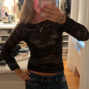Svart glittrig spetsblus - Säljer en svart långärmad blus i transparent spets med glittriga paljettdetaljer. 