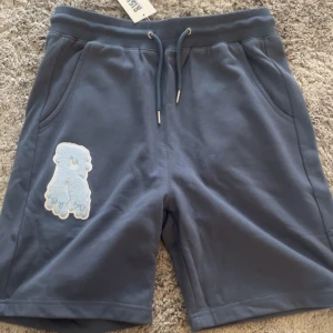 Blå shorts med patch från Risky - Snygga blå shorts från Risky i mjukt bomullsmaterial. De har snörning i midjan, två sidofickor och en stor ljusblå patch med bokstaven R på vänster ben. Perfekt för chill dagar och streetwear-stil. Helt ny