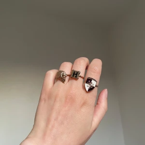 Harry Potter-inspirerade ringar - Tre coola ringar i guldton med Harry Potter-tema. En ring har ett lejonhuvud, en har ett H i svart på guldig bakgrund och en har en vapensköld med text och motiv i svart och vitt. Perfekt för dig som älskar magi och unika accessoarer. 30 kr per stycke 